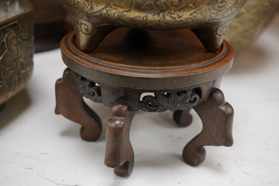 A Chinese bronze bowl, cover and bowl, mustard canister pot, largest bowl 24cm diameter